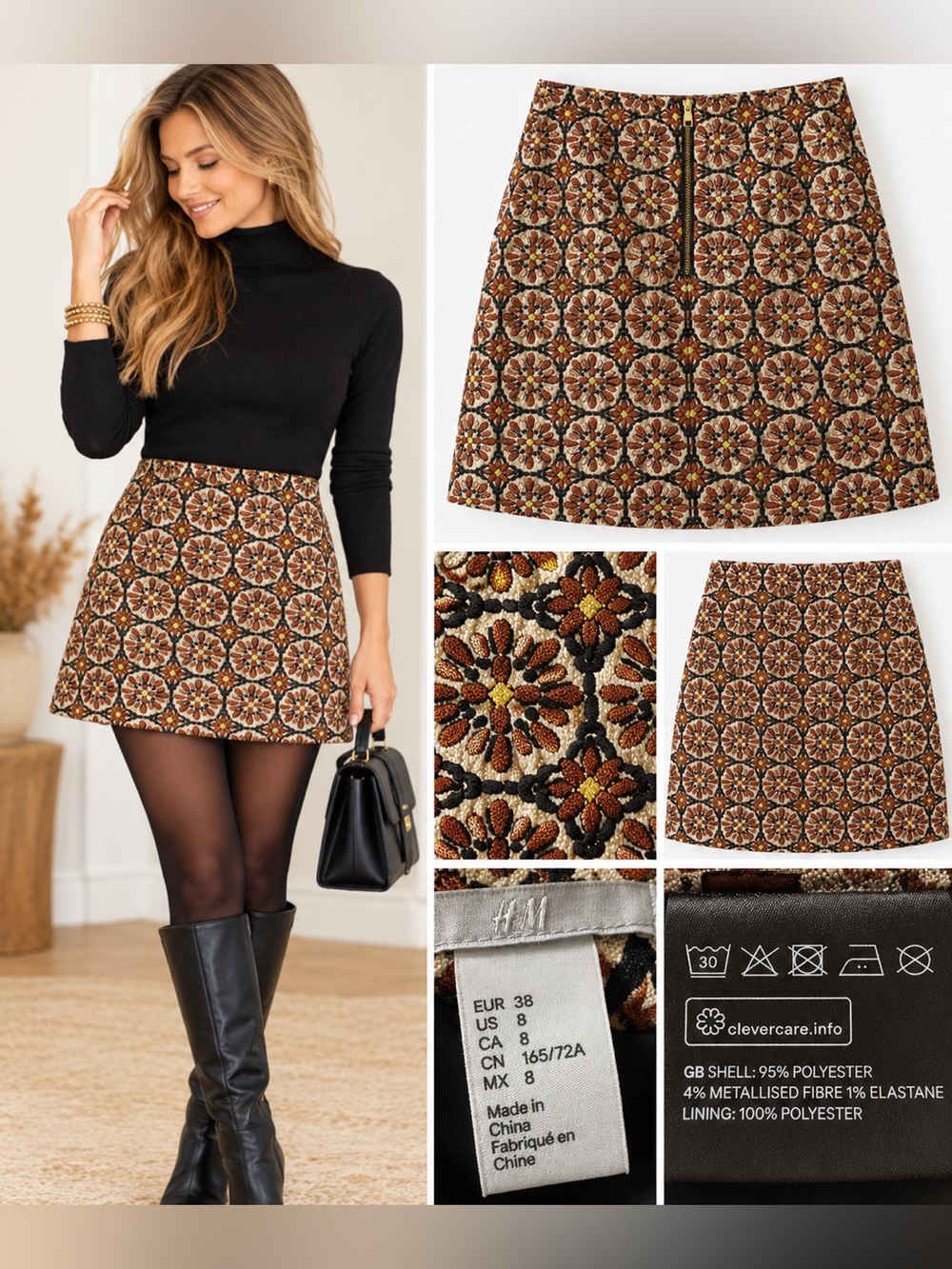 H&M Floral Jacquard Metallic Mini Skirt Rust Brown Black Size 8